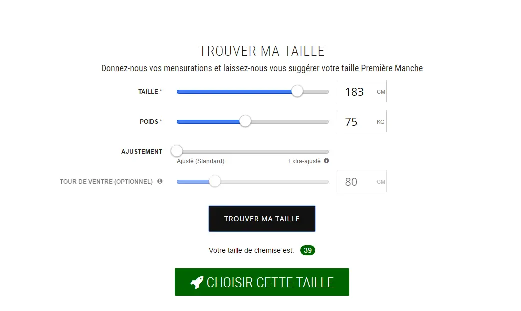 Première Manche - Guide des tailles